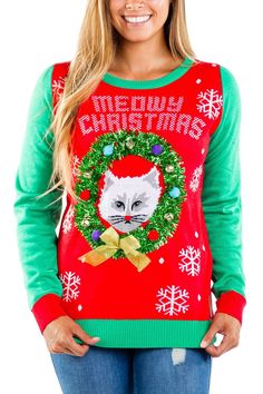 Meowy Christmas Ugly Christmas Sweater: Women's Christmas Outfits | Tipsy Elves Cat Christmas Sweater, Ugly Christmas Sweater Women, Kids Christmas Sweaters, Tipsy Elves, Girls Christmas Outfits, Ugly Christmas Sweaters, Christmas Outfits Women, Christmas Sweaters For Women, Ugly Christmas Sweater Funny