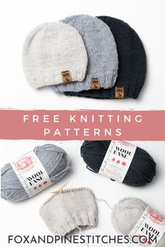 knitted hats and mitts with text overlay that says free knitting patterns