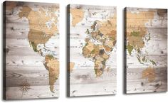 three canvases with the world map on them