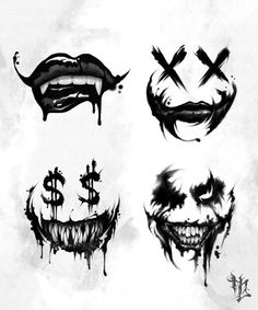 some scary faces with different designs on them, all painted in black and white ink