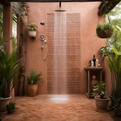 a bathroom with a shower and plants in it