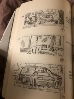 an open book with drawings on it and another drawing in the middle, along with instructions for how to draw a car