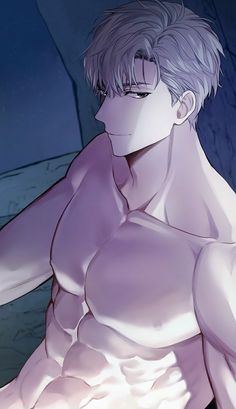 an anime man with white hair and no shirt