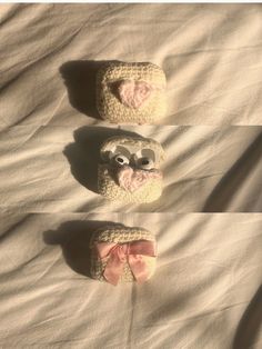 three pairs of crocheted slippers with eyes and ears are shown on a white sheet