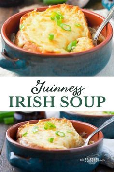 two images showing different types of food in blue dishes with text overlay that reads guinness irish soup