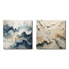 two abstract paintings, one in white and the other in blue with gold highlights on it