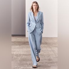 This Is A Set Of Jacket And Suit Pant. Brand New With Tag. Color: Light Blue. Jacket: Tailored Jacket Made Of Viscose Blend Fabric. Notched Lapel Collar And Long Sleeves With Buttoned Slits. Front Flap Pockets And Chest Welt Pocket. Tonal Interior Viscose Lining. Front Button Closure. A Clean Lined Jacket Full Of Details That Provide Structure, Like The Pointed Lapel And Subtle Shoulder Pads. The Softly Rounded Hem In Front Makes This Jacket With The Definitive Tailored Style Easy To Combine Wit Wedding Women Suits, Grey Blue Wedding, Bridesmaid Suits, Light Blue Jacket, Wedding Fits, Straight Cut Pants, Tailored Style, Wedding Women, Zara Collection