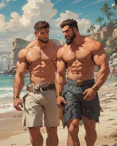 two men standing next to each other on a beach