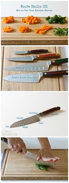 three pictures showing how to cut carrots on a cutting board with the words knife skills 101