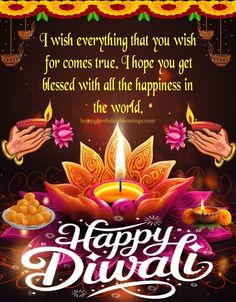 happy diwali greeting card with hand holding lit candle and colorful decoration on dark background