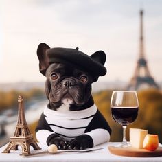 a dog wearing a hat and scarf sitting next to a glass of wine in front of the eiffel tower