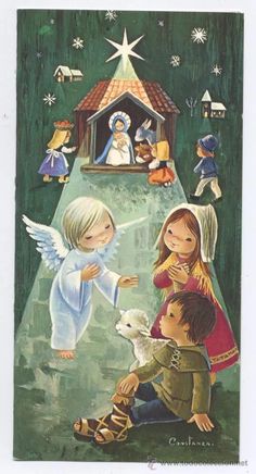 a painting of children and an angel in front of a nativity scene