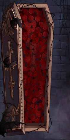 an open box with red roses in it and bats on the outside, hanging from wires