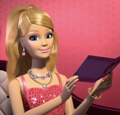 a barbie doll is holding an open box with jewelry on her hand and looking at it