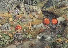 an image of children playing in the woods with mushrooms on their heads and flowers growing out of them