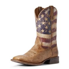 Boots with a lived-in look from the get-go, thanks to rock tumbling which gives the full-grain leather a stylishly distressed appearance. American flag shaft invites you to wear 'em proud. Circuit Proud Western Boot | Product Features : 0 : ATS® technology provides ergonomic support on uneven terrain, 1 : Removable All Day Cushioning insole, 2 : Veg-tan leather sole, 3 : American flag print on upper | Men's Circuit Proud Western Boots in Naturally Distressed Brown Leather, Size: 8 D / Medium by Rock Tumbling, Yee Yee, Cowboy Boots Mens, Western Boots For Men, Heel Tap, American Flag Print