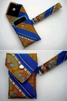 two pictures of a cell phone case made out of fabric and cloth with buttons on each side