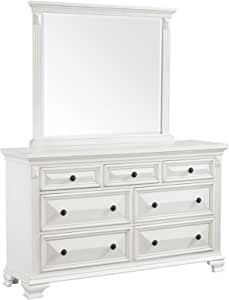 a white dresser with mirror and drawers on top of it in front of a white background