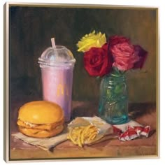 a painting of food and drink on a table