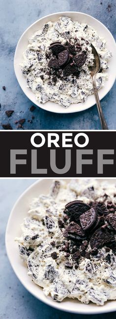 two plates with oreo fluff on them and the same plate has chocolate chips in it