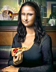 a painting of a woman holding a slice of pizza