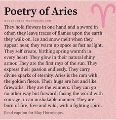 a poem written in pink with the words poetry of aries