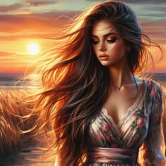 a painting of a woman with long hair walking in front of the sun at sunset