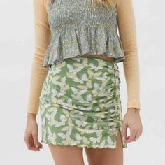 Urban Outfitters Green Butterfly Mini Skirt With Ruched Side Tie And Ruffled Hem. Never Worn. Perfect Condition. Casual Fitted Mini Skirt For Brunch, Fitted Casual Mini Skirt For Brunch, Trendy Ruched Mini Skirt For Spring, Urban Outfitters High Waist Summer Skirt, Urban Outfitters High Waist Skirt For Summer, Casual Green Mini Skirt For Spring, Casual Green Mini Skirt For Day Out, Casual Ruched Skirt For Brunch, Trendy Green Mini Skirt With Floral Print