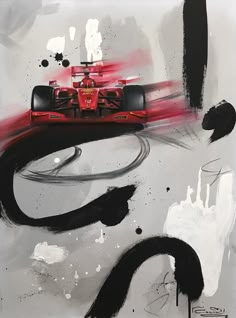 a painting of a red race car driving on a track with black and white strokes