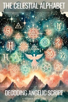 the celestial alphabet is shown in front of mountains and clouds with symbols on them, as well as stars