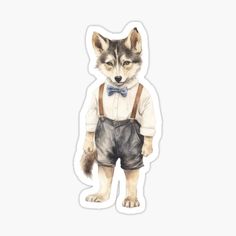 a watercolor drawing of a wolf wearing suspenders and a bow tie sticker