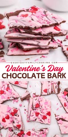 Tell your loved ones you care with this Valentine’s Day Chocolate Bark! This fun to make best dessert recipe is the best, using semi sweet chocolate chips, white chocolate chips, pink candy melts, and Valentine’s sprinkles. Make it today and spread the love! Foods For Valentines Day, Valentine's Day Recipe, Valentines Day Bark, Easy Valentine Candy Recipes, Dye Free Valentine Treats, February Baking Ideas, Kids Valentines Food, Valentines Desserts For Kids, Cute Valentine’s Day Treats