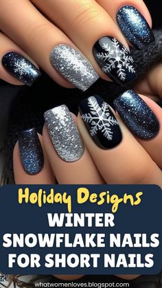 Add holiday cheer to your short nails with these cute snowflake designs! Choose dark blue with silver, light blue with white, or festive red and gold. These easy yet eye-catching designs work on square or almond shapes, with options for gel, acrylic, or natural nails to make your winter look sparkle. Pink And Blue Snowflake Nails, Dark Snowflake Nails, Navy Blue Nails With Snowflakes, Square Snowflake Nails, Natural New Years Nails, Christmas Nails Short Snowflake, Light Blue Gold Nails, Square Christmas Nail Designs, Navy Blue Snowflake Nails