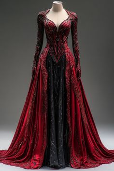 Black Targaryen Dress, Stunning Red Dress, Dark Fantasy Gowns Queens, Night Court Dresses Acotar Style, Fantasy Gowns Warriors Dragon, House Of Dragon Dresses, Dragon Queen Dress, 1700s Dresses Royal, Fantasy Gowns Red