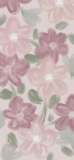 an abstract painting of pink flowers with green leaves on a light pink wallpaper background