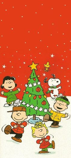 peanuts around the christmas tree with charlie brown and his gang on it's holiday card