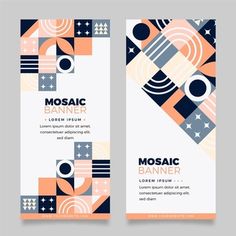 a set of two vertical banners with geometric shapes and lines on the front, back and sides