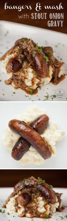 sausages and mashed potatoes with sour cream gravy on a white plate