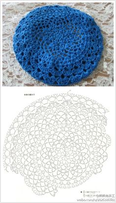 a blue crocheted hat sitting on top of a white doily next to an image of the pattern