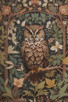 Majestic Great Horned Owl Forest Hanging Tapestry Point Reference, Animal Tarot, Fall Owl, Art Nouveau Illustration, Spirit Animal Art, William Morris Art, William Morris Designs, Fairy Book