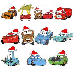 cars with santa hats and christmas decorations are shown in this image, the car is painted on