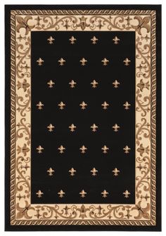 a black and beige rug with gold fleur de lis on the border,