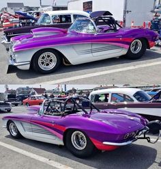 two pictures of cars parked next to each other in a parking lot at a car show