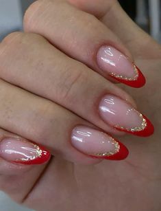 #nails #nailart #naildesign #girl #inspiration Red French With Gold Line, Nails Inspiration For Christmas, Red Gold French Nails, Nail Ideas Red French Tips, Red Birthday Nail Ideas, Simple Christmas Nails Red And Gold, Red French Tip Nails With Gold Line, Christmas Acrylic Almond Nails, Nail Inspo Red French Tip