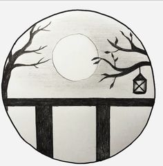 a drawing of a tree with a lantern hanging from it's branches