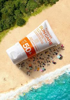 sunscreen on the beach with people standing in the sand and water around it, from above