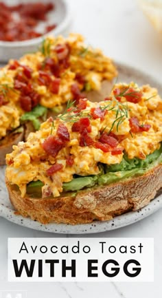 an egg salad on toast with eggs in the background and text overlay that reads avocado toast with egg