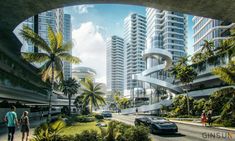 two people are walking down the street in front of some tall buildings and palm trees