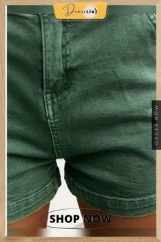 Green Pockets Casual Solid Shorts Pants, Green, Trousers