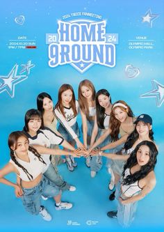 girls'generation members holding hands in front of a blue background with the words home ground